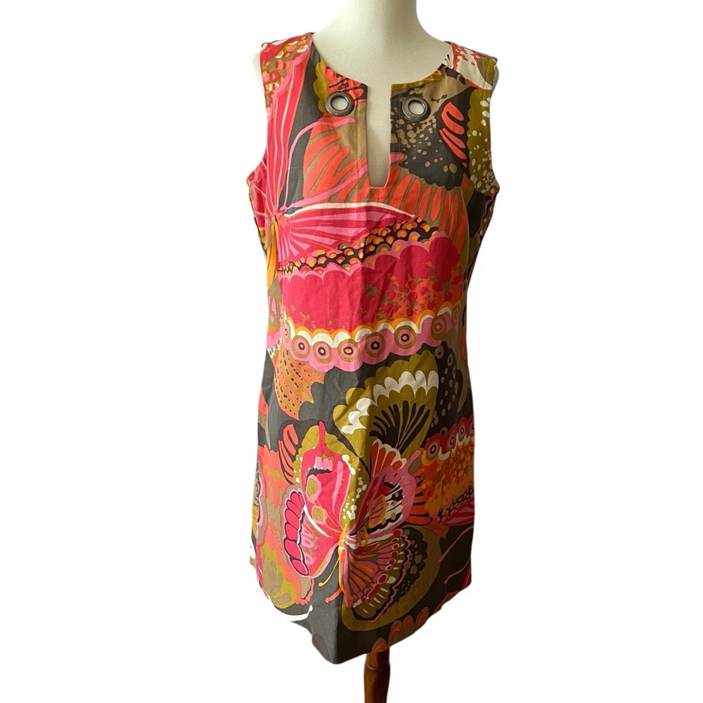 TRINA TURK SILK LINEN BLD DRESS SZ 6 SHEATH BOHO ARTSY FLORAL SUMMER PARTY LINED